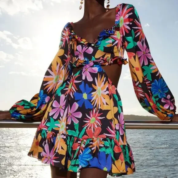 PatBo Aster Long Sleeve Cut-Out Mini Dress Floral Print Size 2 - Picture 2 of 9